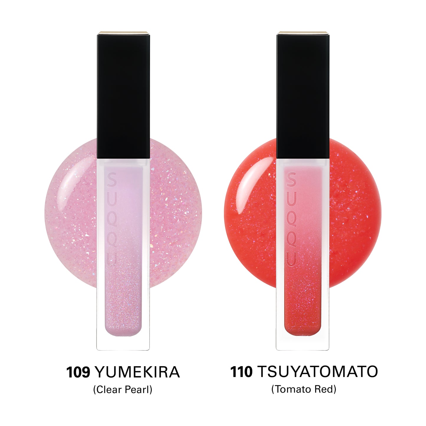 SUQQU 2026 Pre-Summer Collection two Treatment Wrapping Lip colour lip gloss lipsticks in sparkle clear shine pink tone 109 and sparkling red glitter tone 110 with colourful glittery texture swatches.