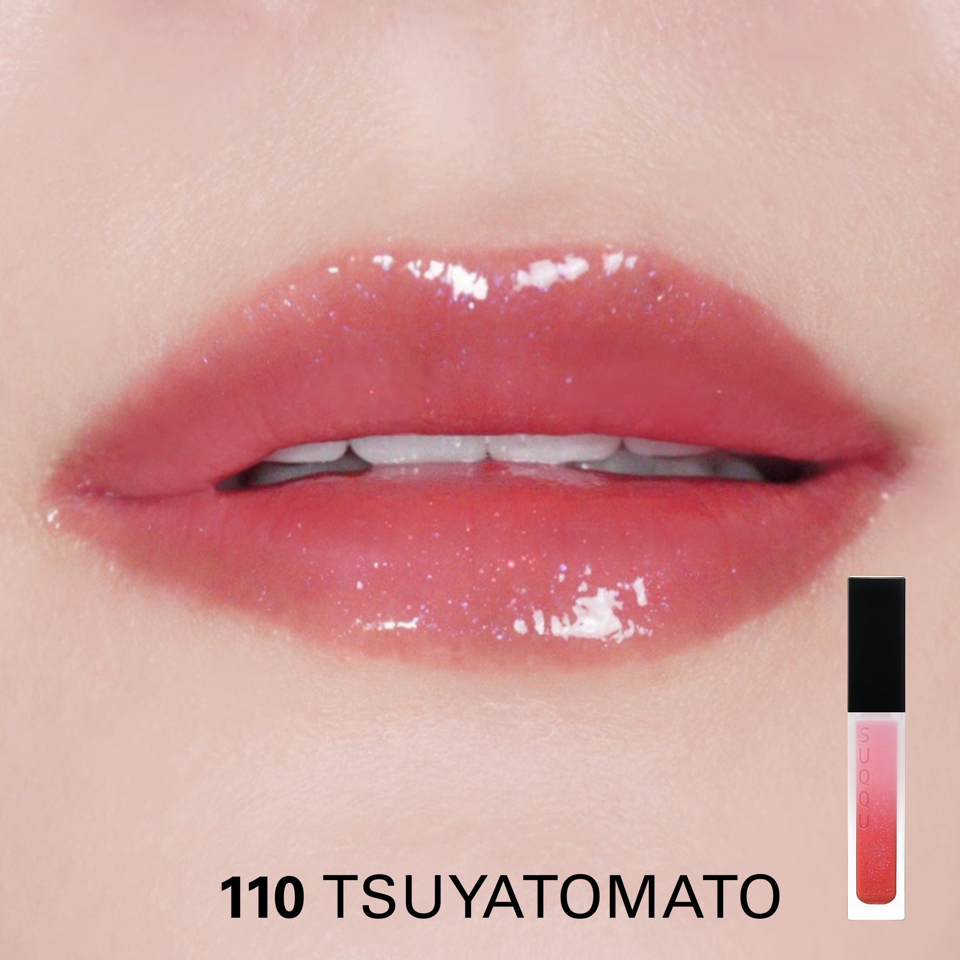SUQQU Treatment Wrapping Lip colour lip gloss lipsticks in sparkling red glitter tone 110 over model wear lip close up colour swatch.