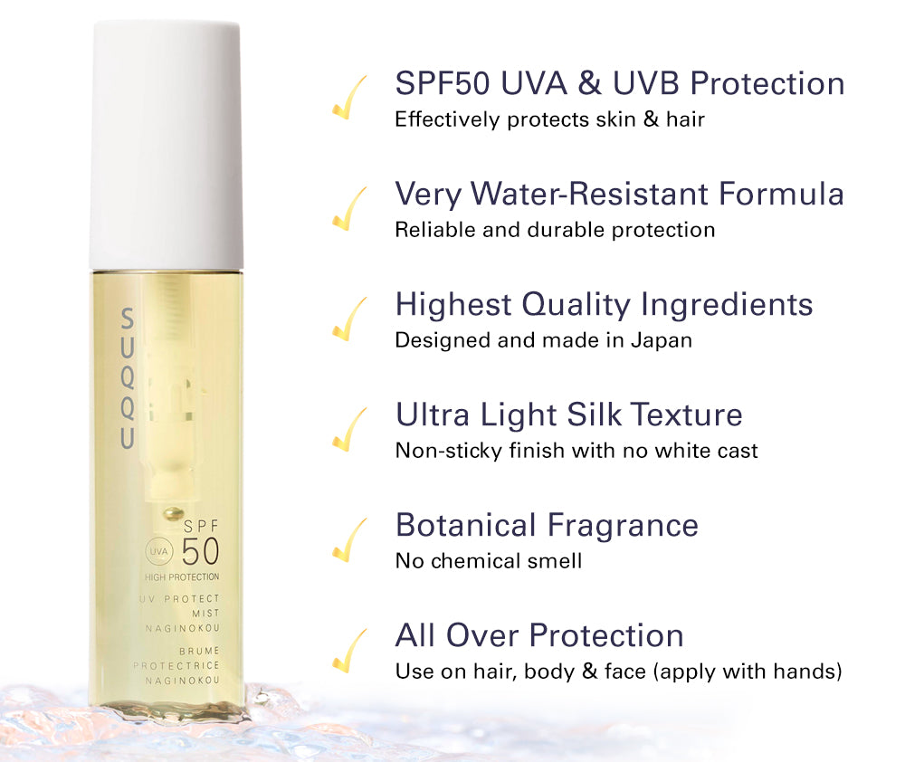 SUQQU UV Protect Mist Naginokou sunscreen product with six point list. 1, SPF50 UVA & UVB Protection - Effectively protects skin and hair . 2, Very Water-resistant Formula - Reliable and durable protection. 3, Highest Quality Ingredients - Designed and made in Japan. 4, Ultra Light Silk Texture - Non-sticky finish with no white cast. 5, Botanical Fragrance - No Chemical smell. 6, All Over Protection - Use on hair, body and face (apply with hands).