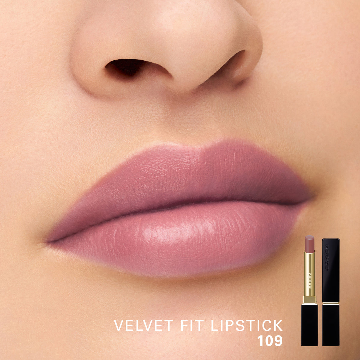 Close-up of a model's lips wearing a semi-matte satin dusty mauve lipstick, with the lipstick bullet and black case shown at the bottom right. Text reads 'VELVET FIT LIPSTICK 109'.