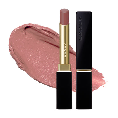 SUQQU Velvet Fit Lipstick 109 product refill with case on white background. Vintage dusty pink rose shade. Satin semi-matte finish. With creamy texture swatch in the background.