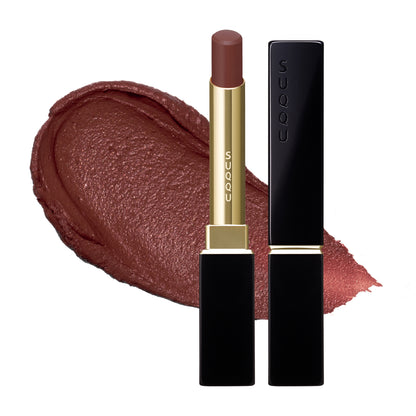 SUQQU Velvet Fit Lipstick 110 product refill with case on white background. Deep purple red rose shade. Satin semi-matte finish. With creamy texture swatch in the background.