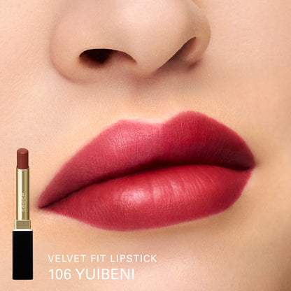 SUQQU Winter Collection 2025 Velvet Fit Lipstick 106 Yuibeni product open showing colour and model lip colour close up swatch background.