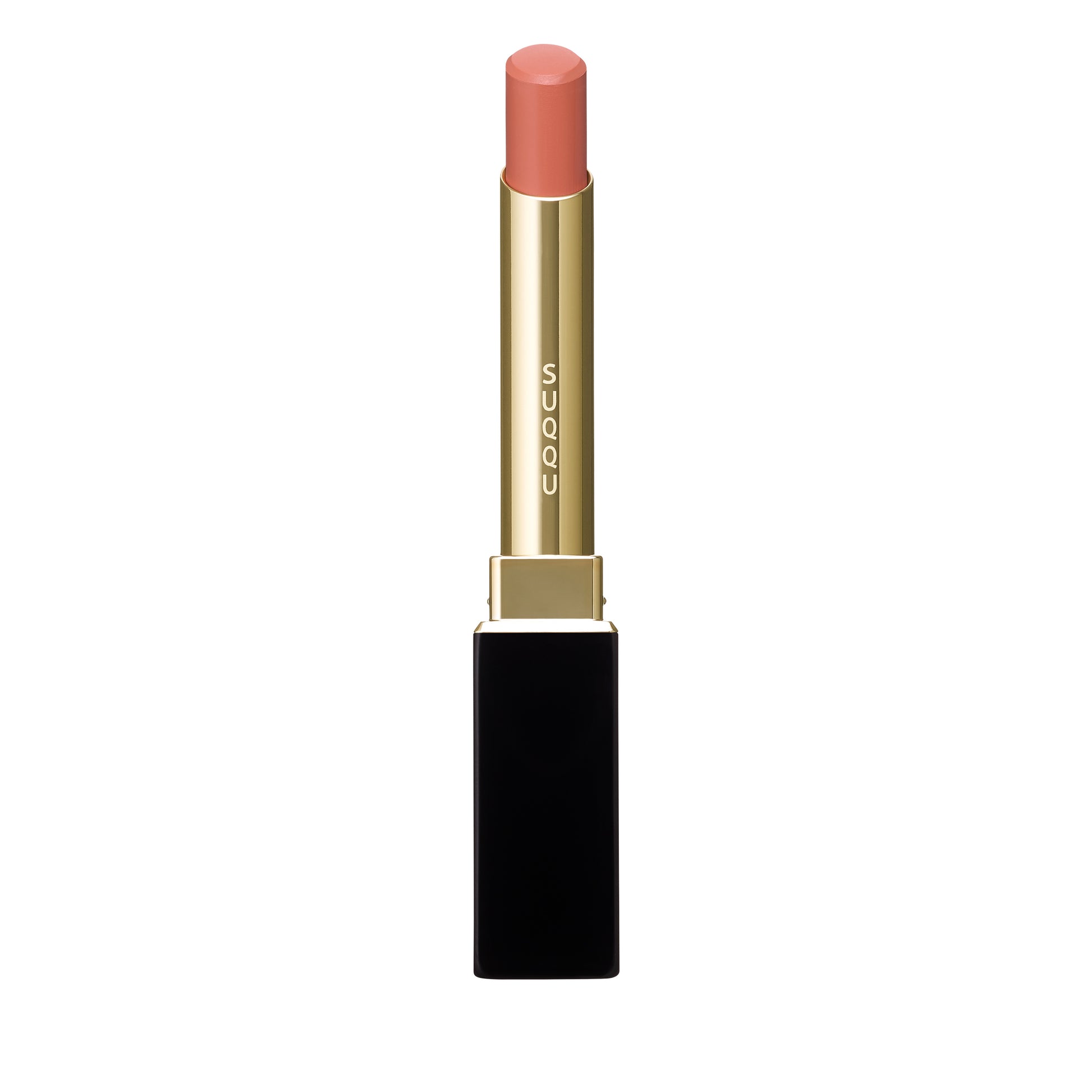 SUQQU Velvet Fit Lipstick 04 bright coral refill product with case luxury Japanese make up product on plain background. 