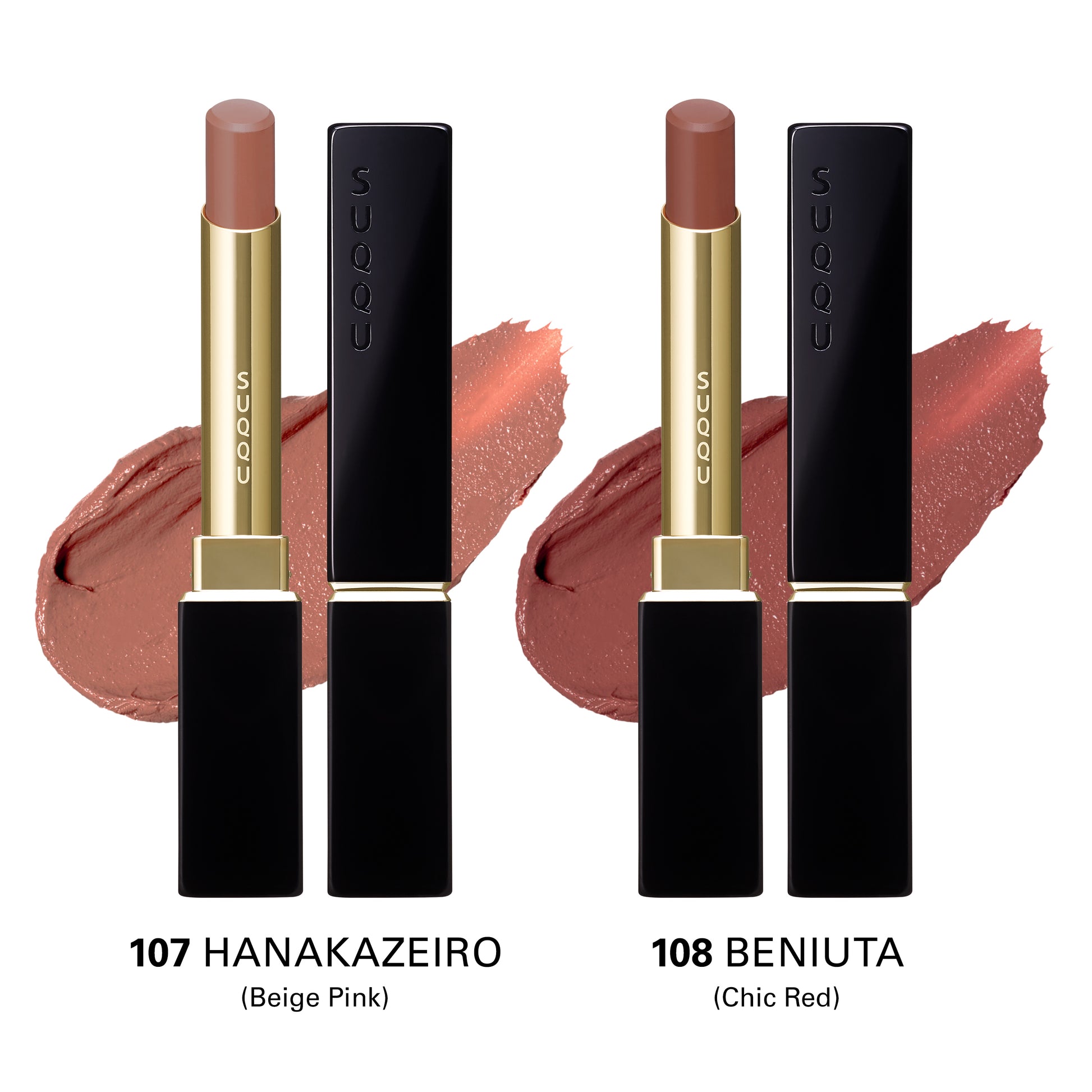 SUQQU Velvet Fit Lipstick Refills in beautiful rose coral 107 and classy rose red 108 tones open with colourful texture swatches and case.