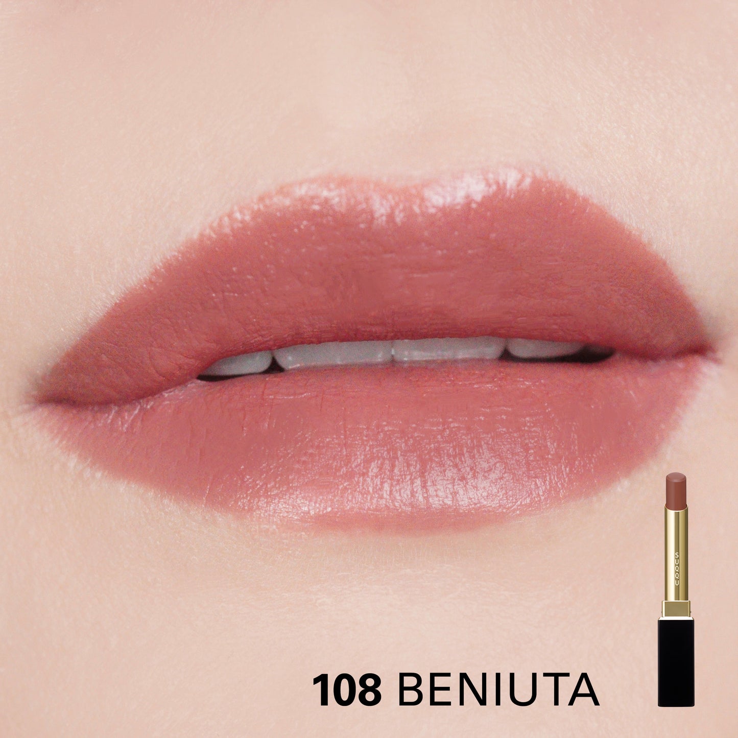 SUQQU Velvet Fit Lipstick 108 Refill lipstick with case open in beautiful smoky rose colour over model wear lip close up.