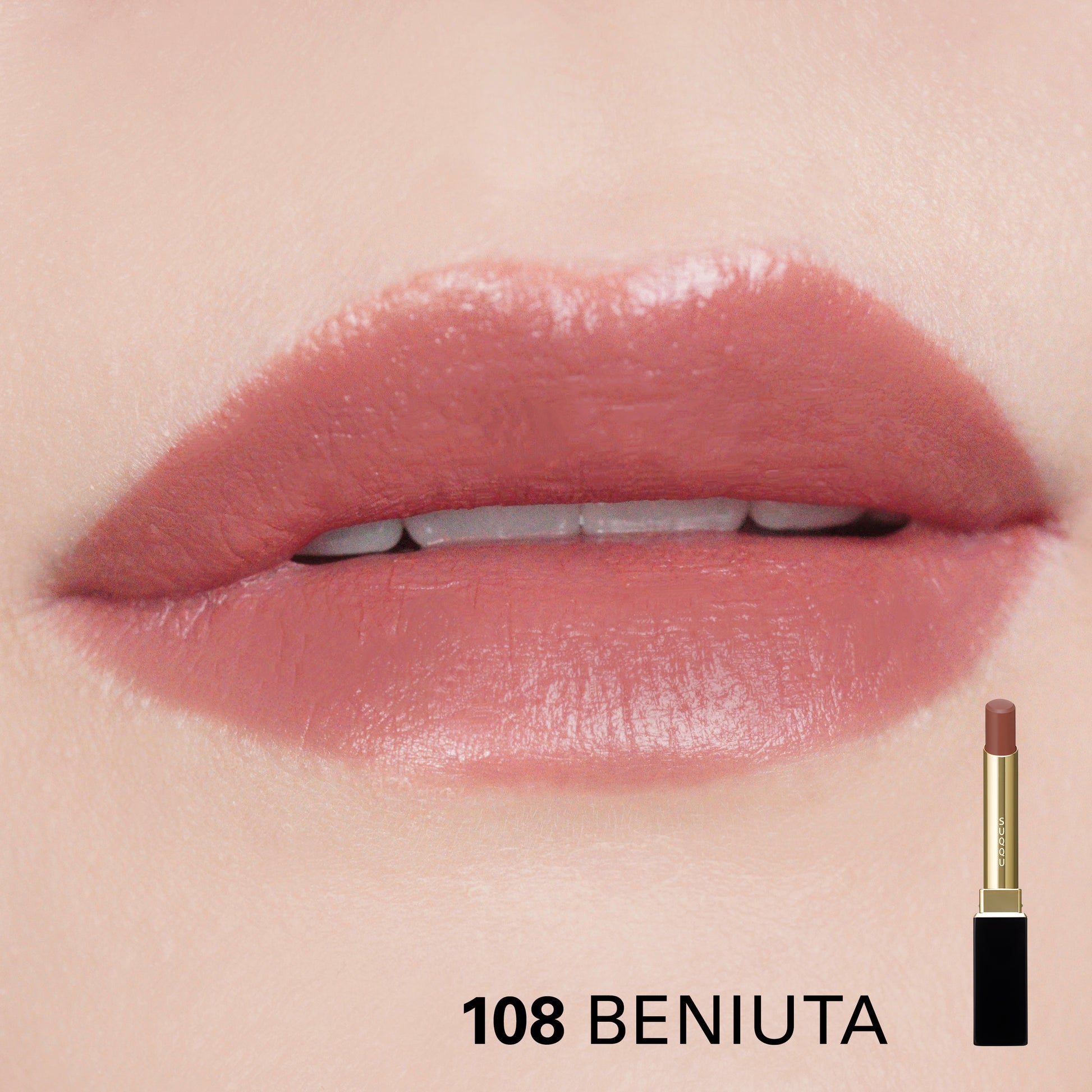 SUQQU Velvet Fit Lipstick 108 Refill lipstick with case open in beautiful smoky rose colour over model wear lip close up.