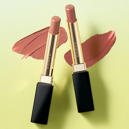 SUQQU Velvet Fit Lipstick Refills in beautiful rose coral 107 and classy rose red 108 tones open with colourful texture swatches and case.