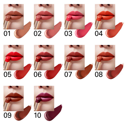 Ten SUQQU Vibrant Rich Lipstick colour make up product swatches with lip colour models guide.