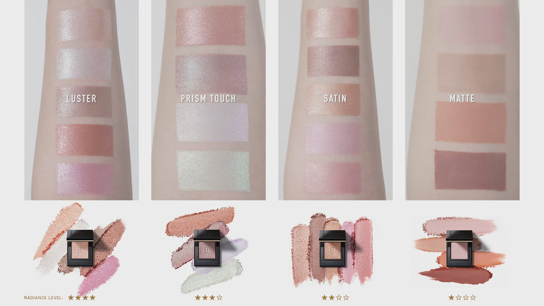 Video of rotating arm with multicolour eyeshadow colour swatches applied. Shown with eyeshadow palette and different finishes available in four categories. Luster, Prism Touch, Satin and Matte.