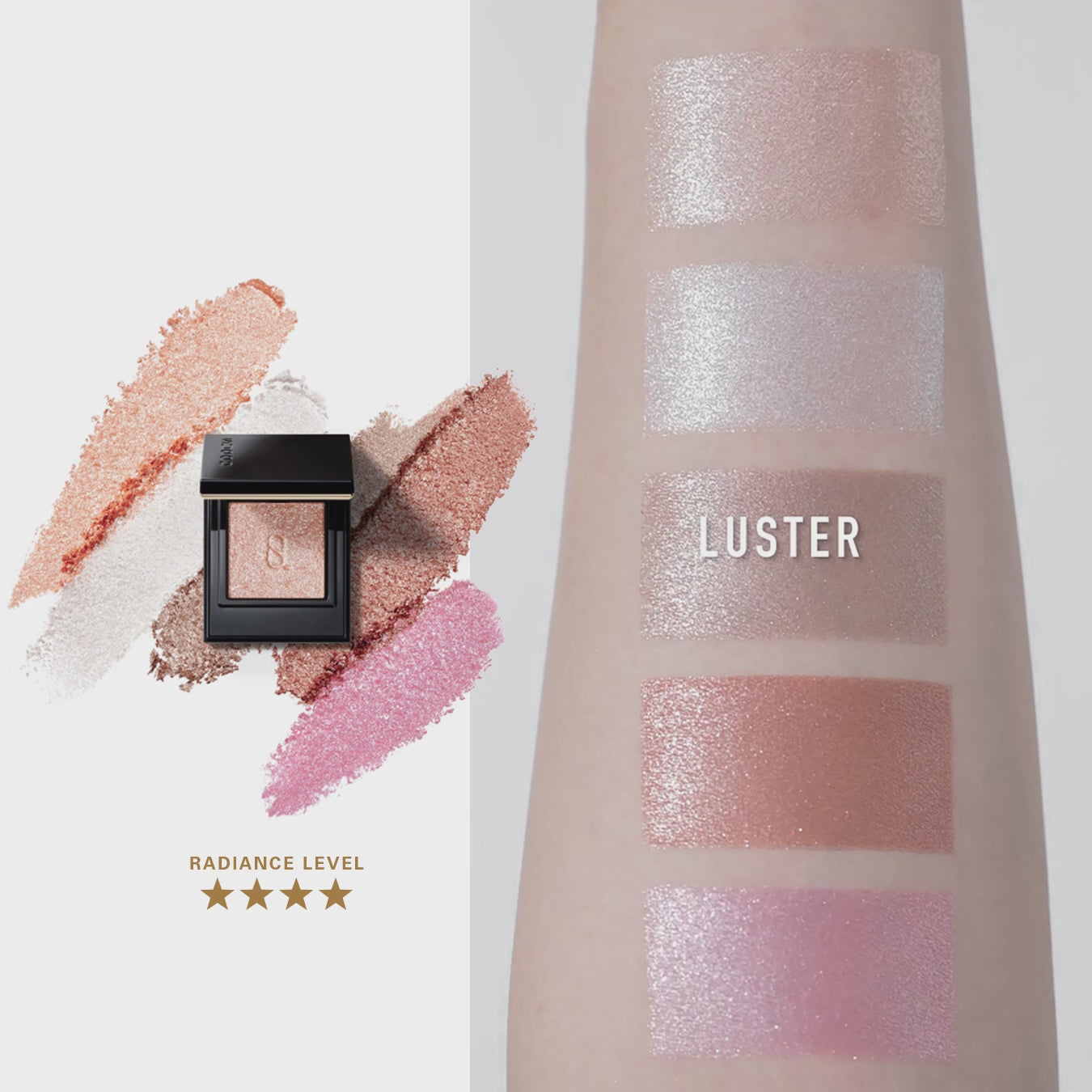 Video of rotating arm with multicolour eyeshadow colour swatches applied. Shown with eyeshadow palette and different finishes available in four categories. Luster, Prism Touch, Satin and Matte.