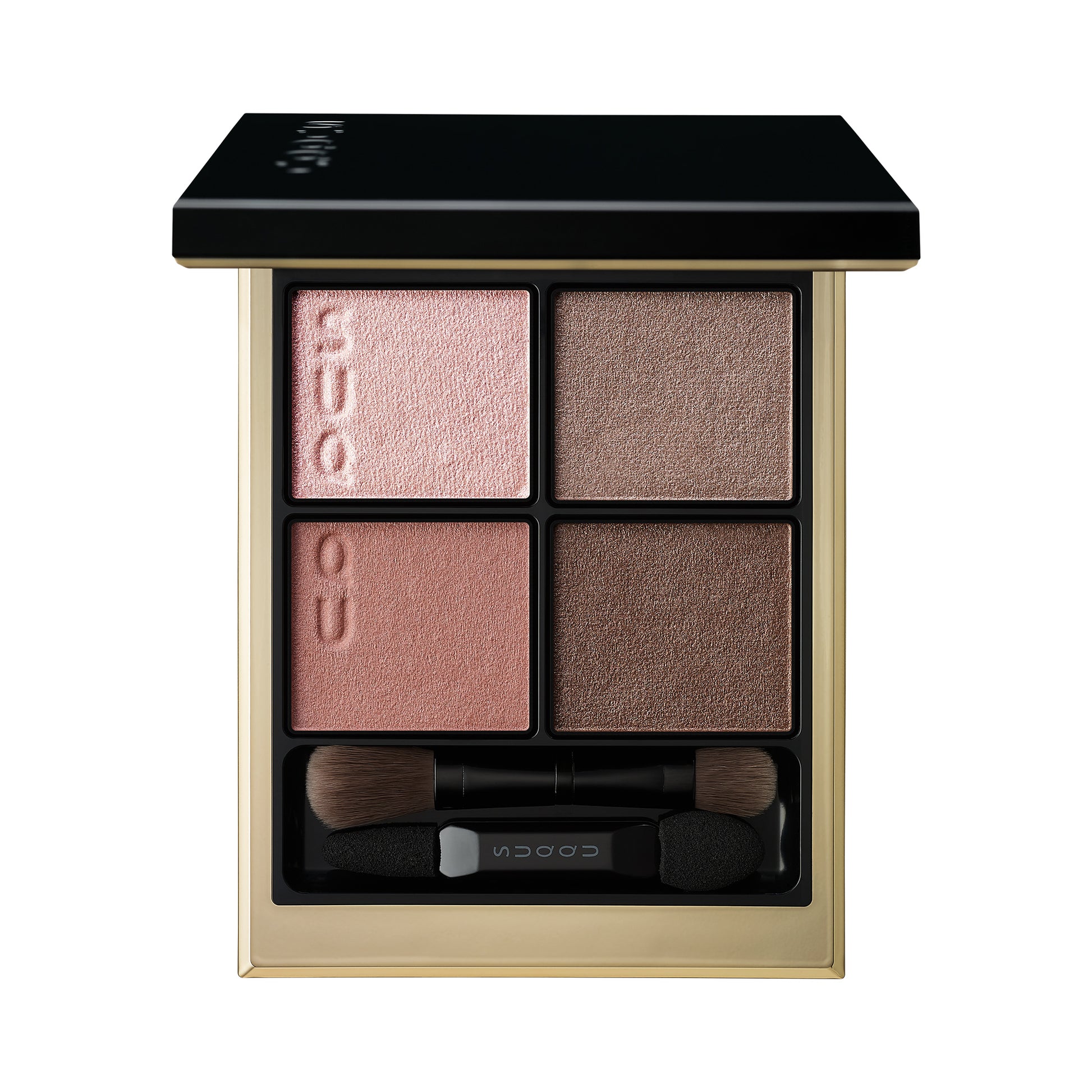 SUQQU Signature Color Eyes 01 luxury brown and pink Japanese eyeshadow quad colour palette open on plain background.