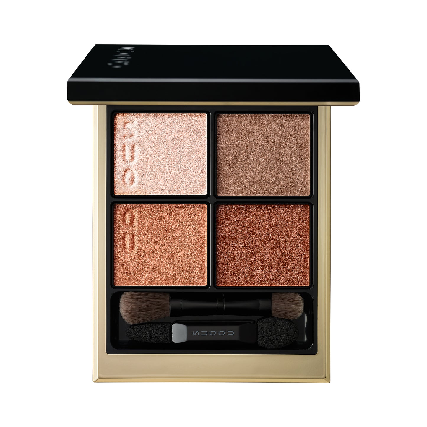 SUQQU Signature Color Eyes 02 finest quality brown Japanese eyeshadow quad colour palette open on plain background.