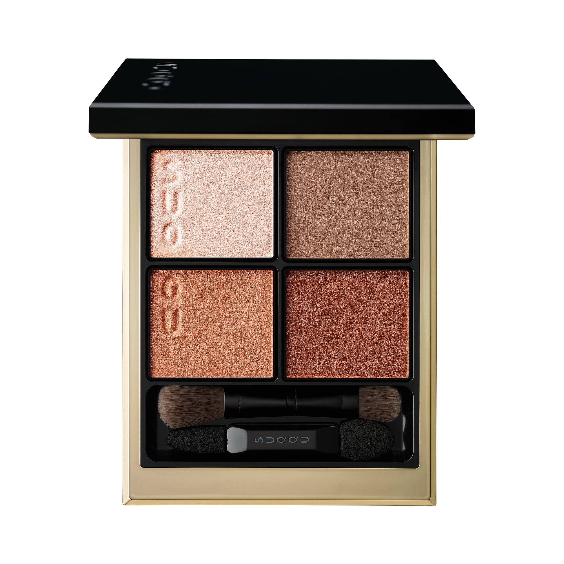 SUQQU Signature Color Eyes 02 finest quality brown Japanese eyeshadow quad colour palette open on plain background.