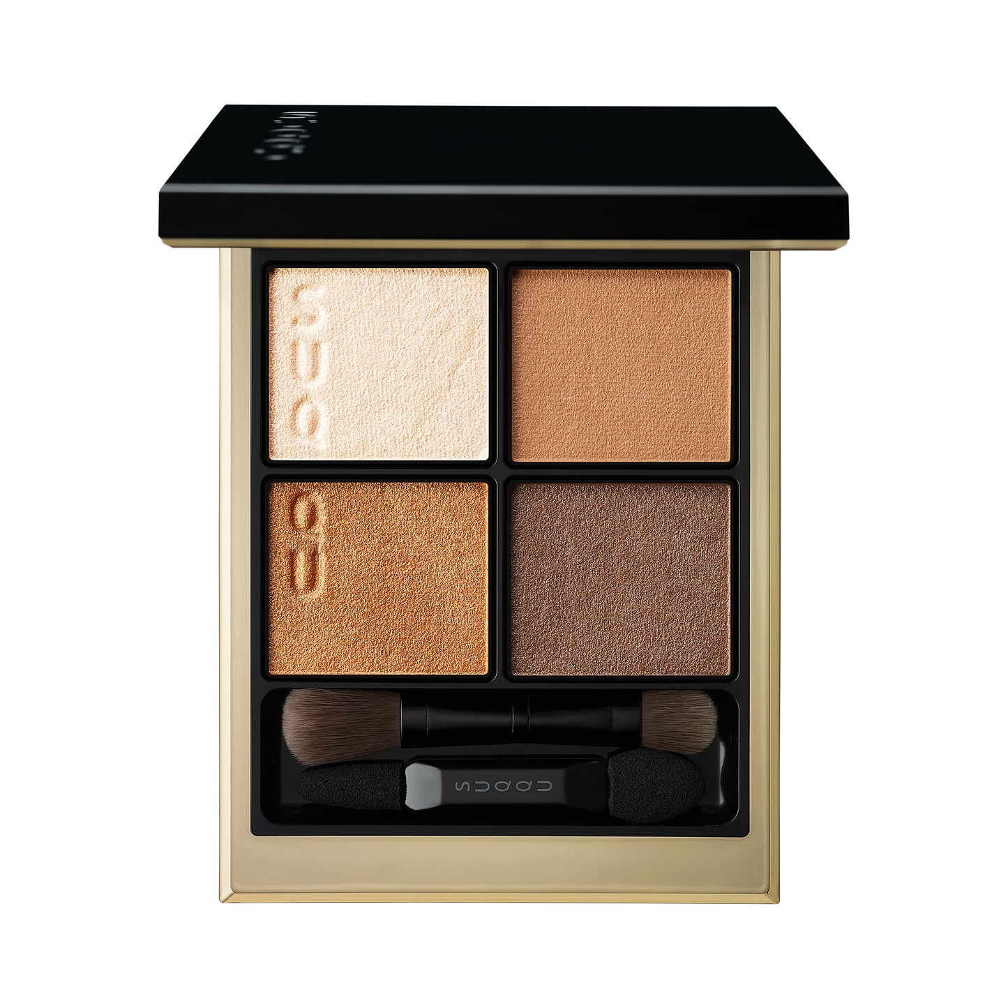 SUQQU Signature Color Eyes 03 finest quality gold brown Japanese eyeshadow quad colour make up palette open on plain background.