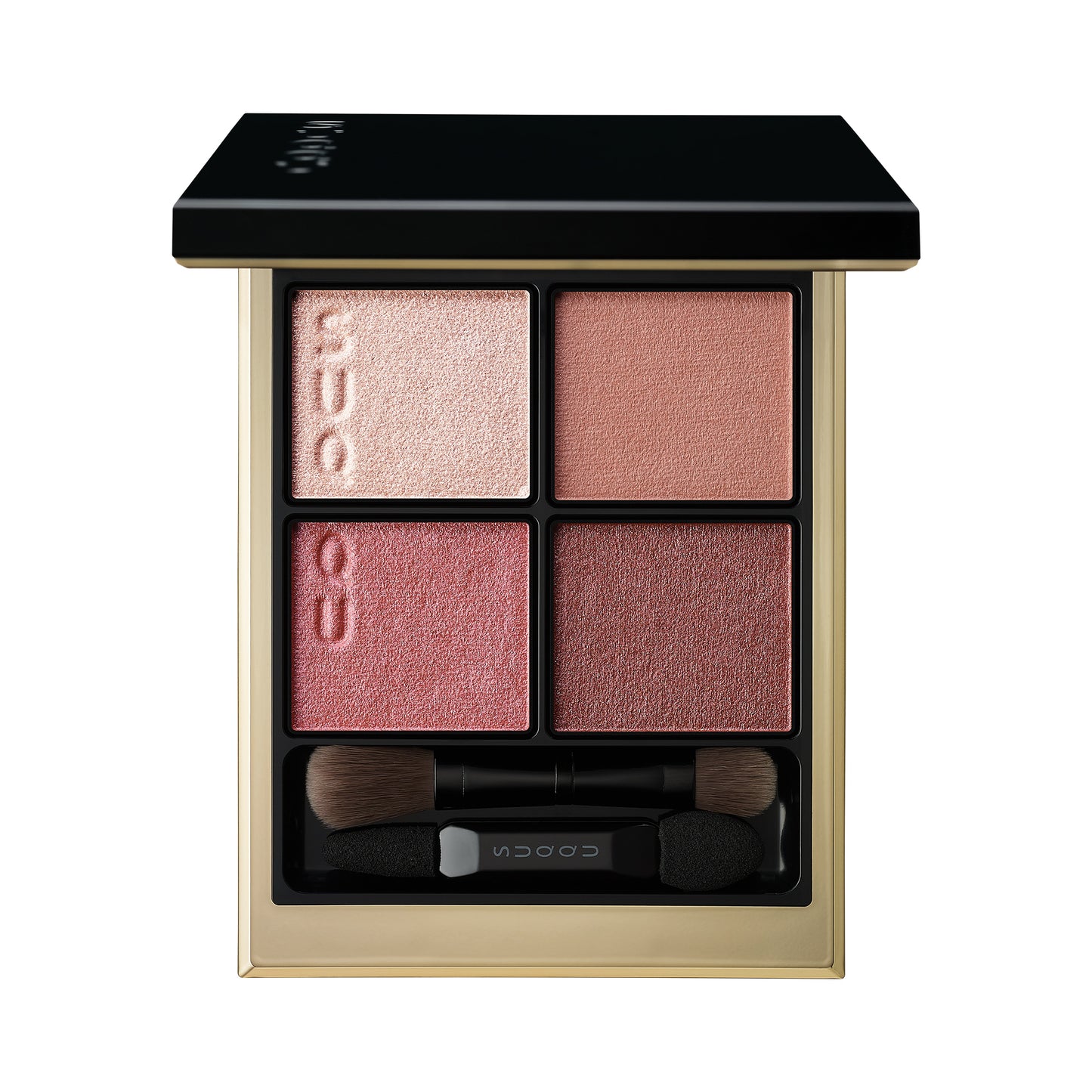 SUQQU Signature Color Eyes 04 finest quality pink Japanese eyeshadow quad colour make up palette open on plain background.