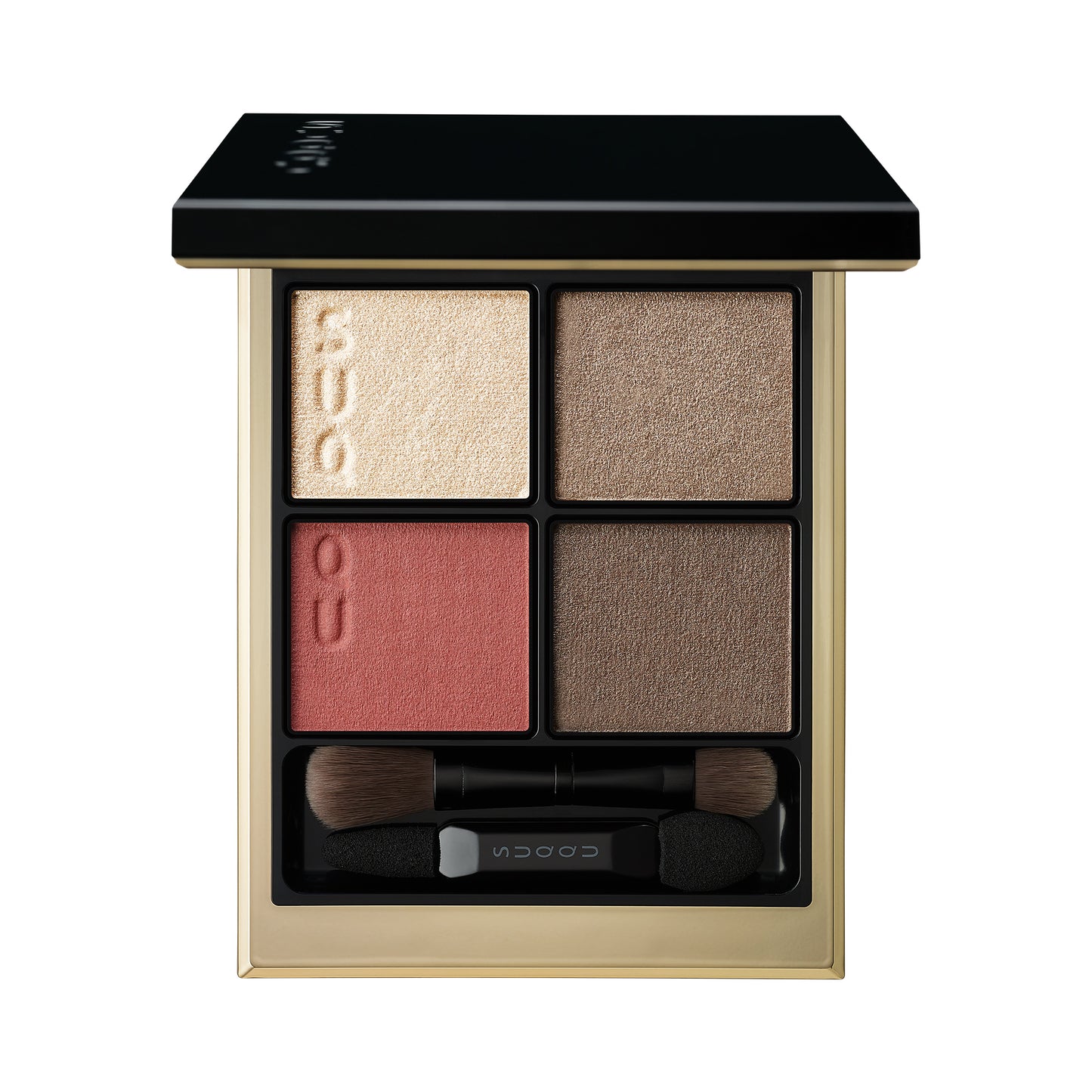 SUQQU Signature Color Eyes 05 finest quality red brown Japanese eyeshadow quad colour make up palette open on plain background.