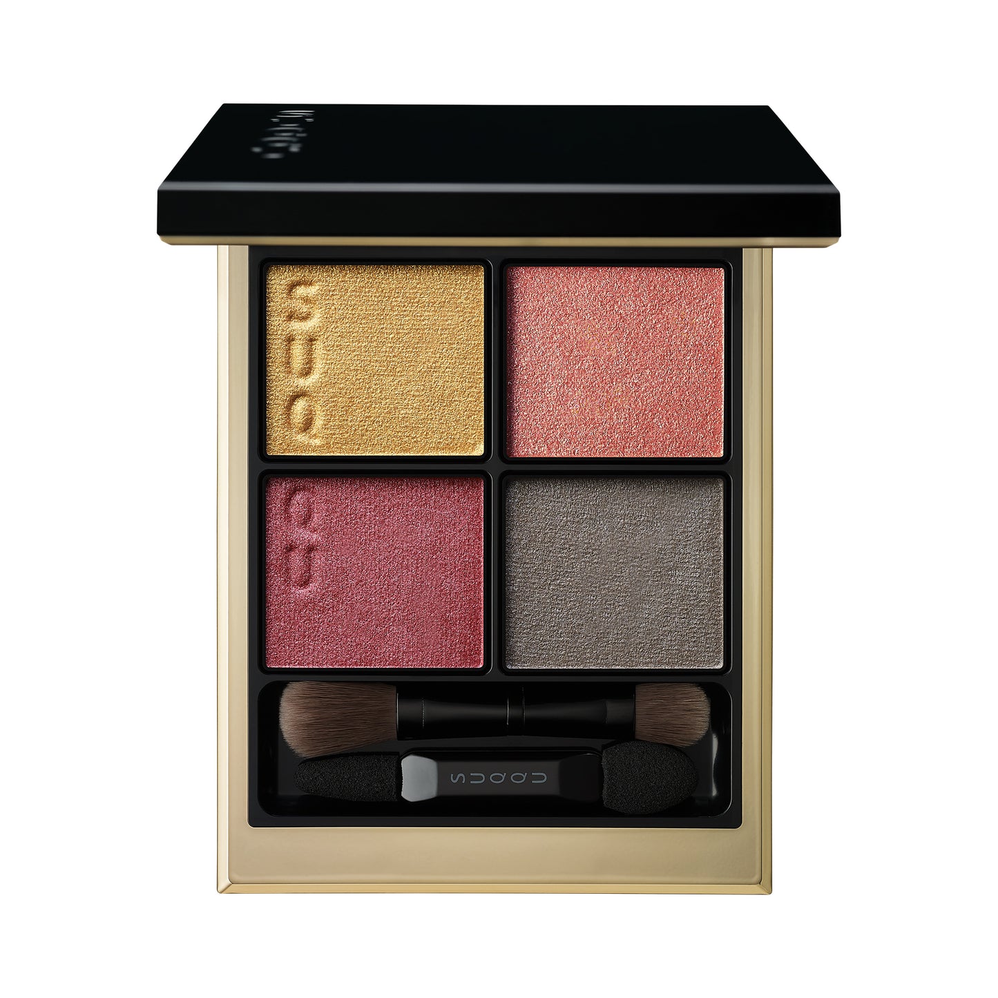 SUQQU Signature Color Eyes 07 finest quality gold coral Japanese eyeshadow quad colour make up palette open on plain background.