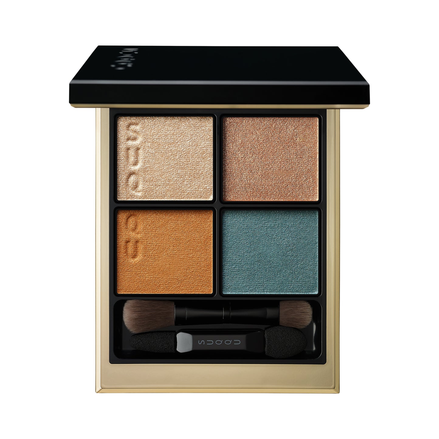 SUQQU Signature Color Eyes 08 finest quality turquoise brown gold Japanese eyeshadow quad colour make up palette open on plain background.