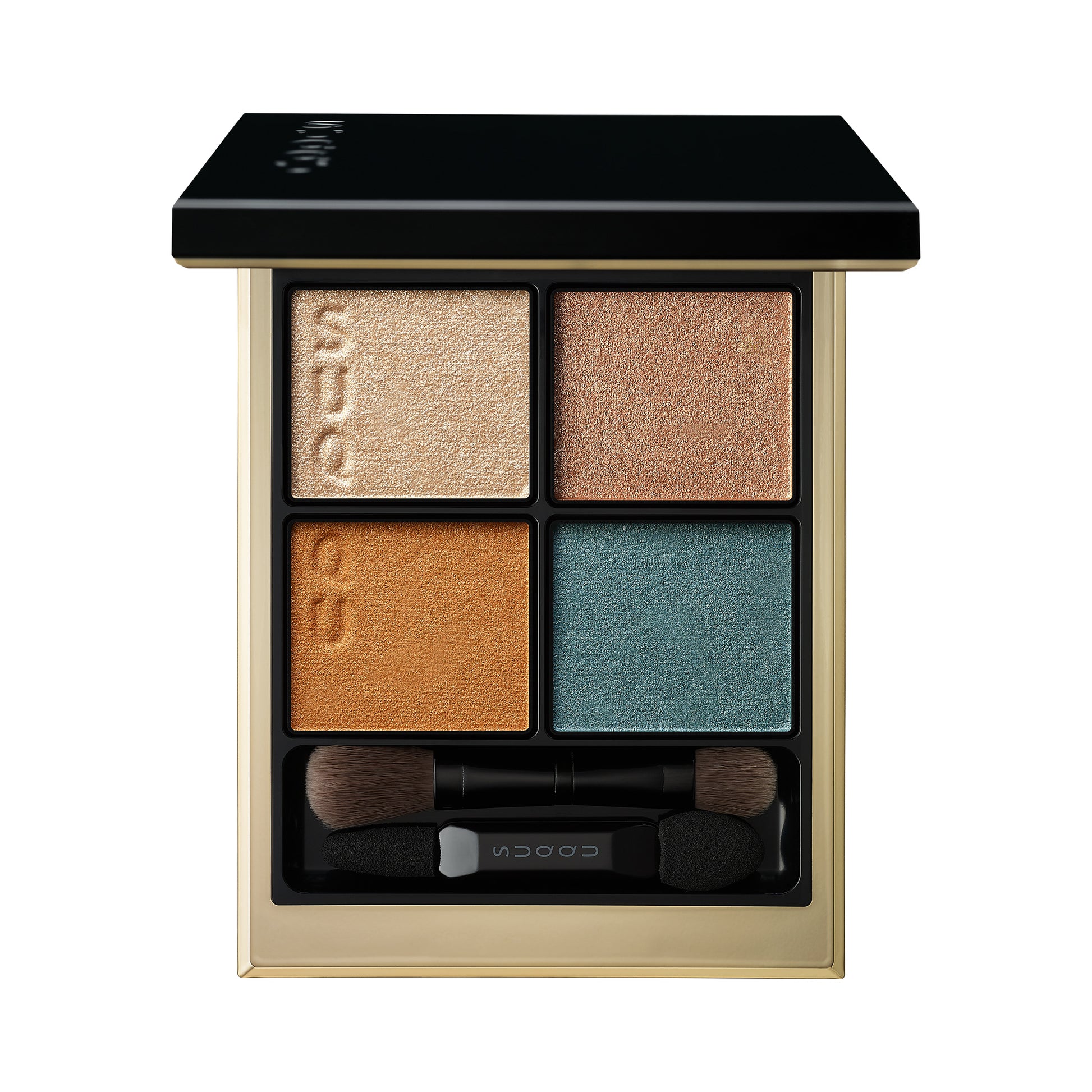 SUQQU Signature Color Eyes 08 finest quality turquoise brown gold Japanese eyeshadow quad colour make up palette open on plain background.