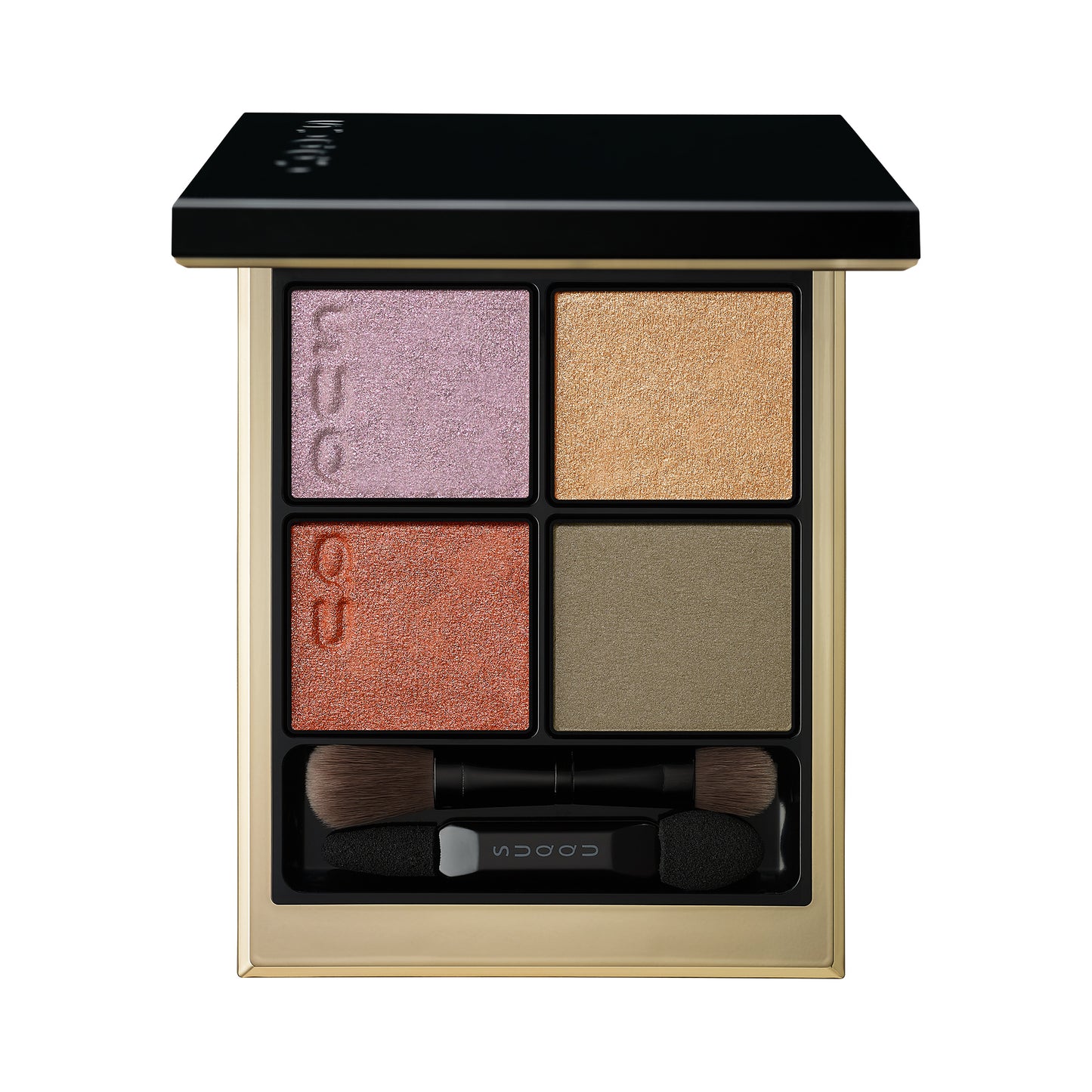 SUQQU Signature Color Eyes 09 finest quality lilac khaki red Japanese eyeshadow quad colour make up palette open on plain background.