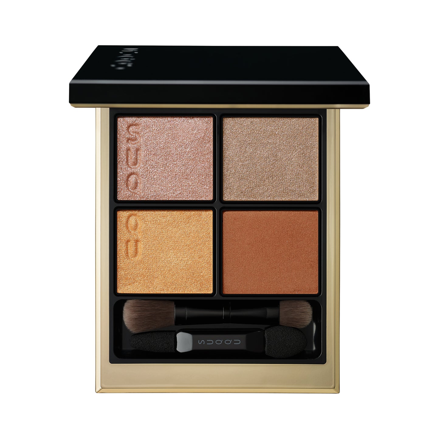 SUQQU Signature Color Eyes 10 finest quality shimmer gold, brown and orange Japanese eyeshadow quad colour make up palette open on plain background.