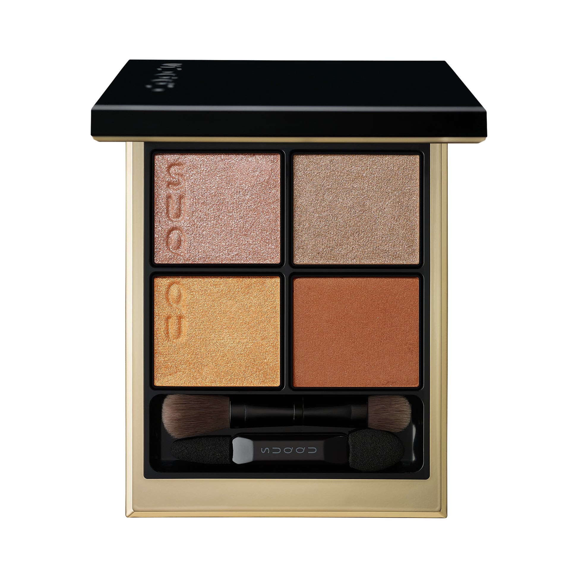 SUQQU Signature Color Eyes 10 finest quality shimmer gold, brown and orange Japanese eyeshadow quad colour make up palette open on plain background.