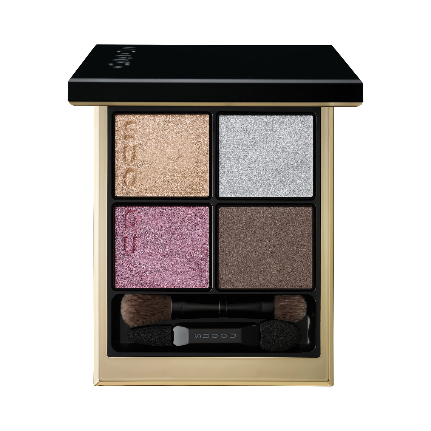 SUQQU Signature Color Eyes 11 finest quality dusty purple pale blue gold brown Japanese eyeshadow quad colour make up palette open on plain background.