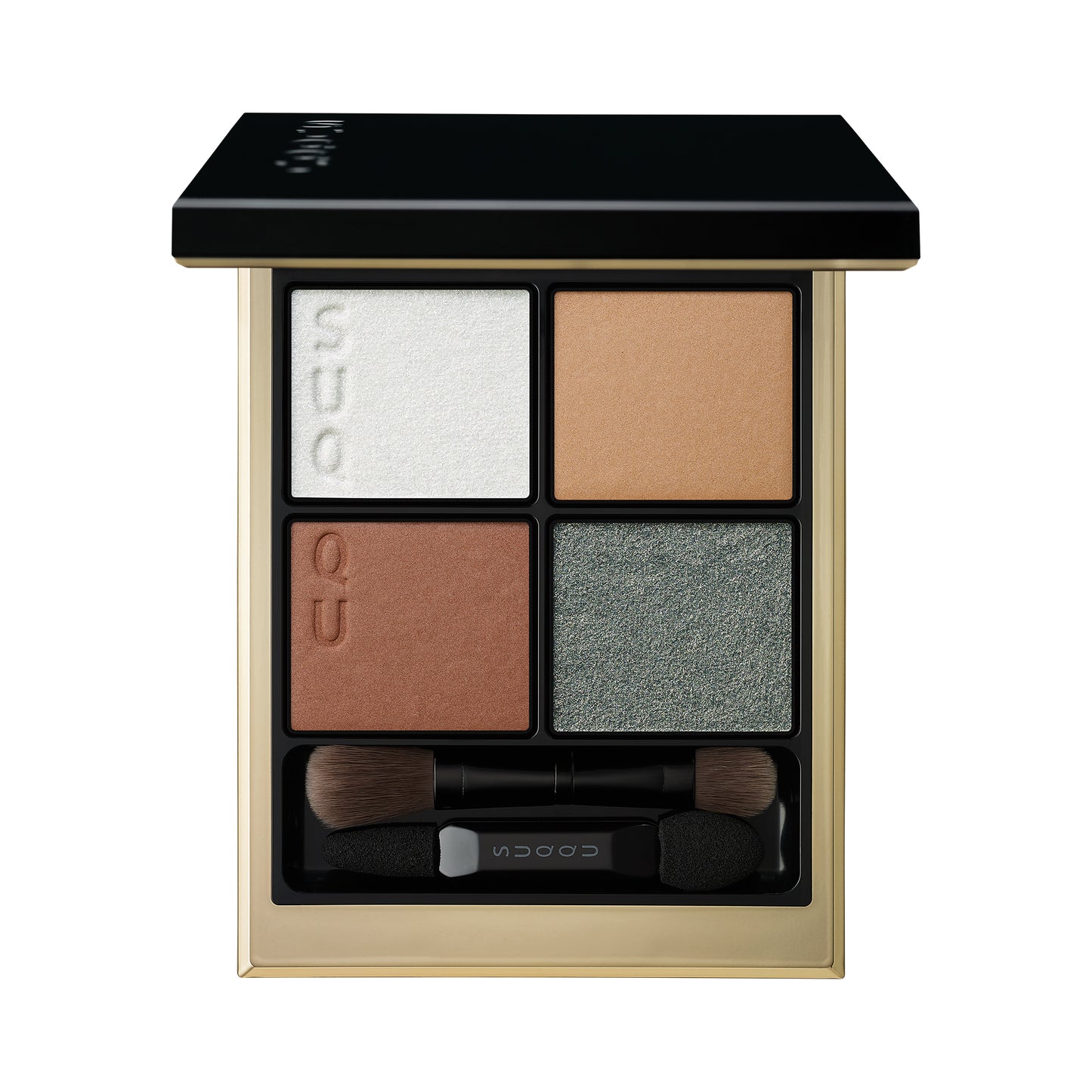 SUQQU Signature Color Eyes 12 finest quality green brown Japanese eyeshadow quad colour make up palette open on plain background.