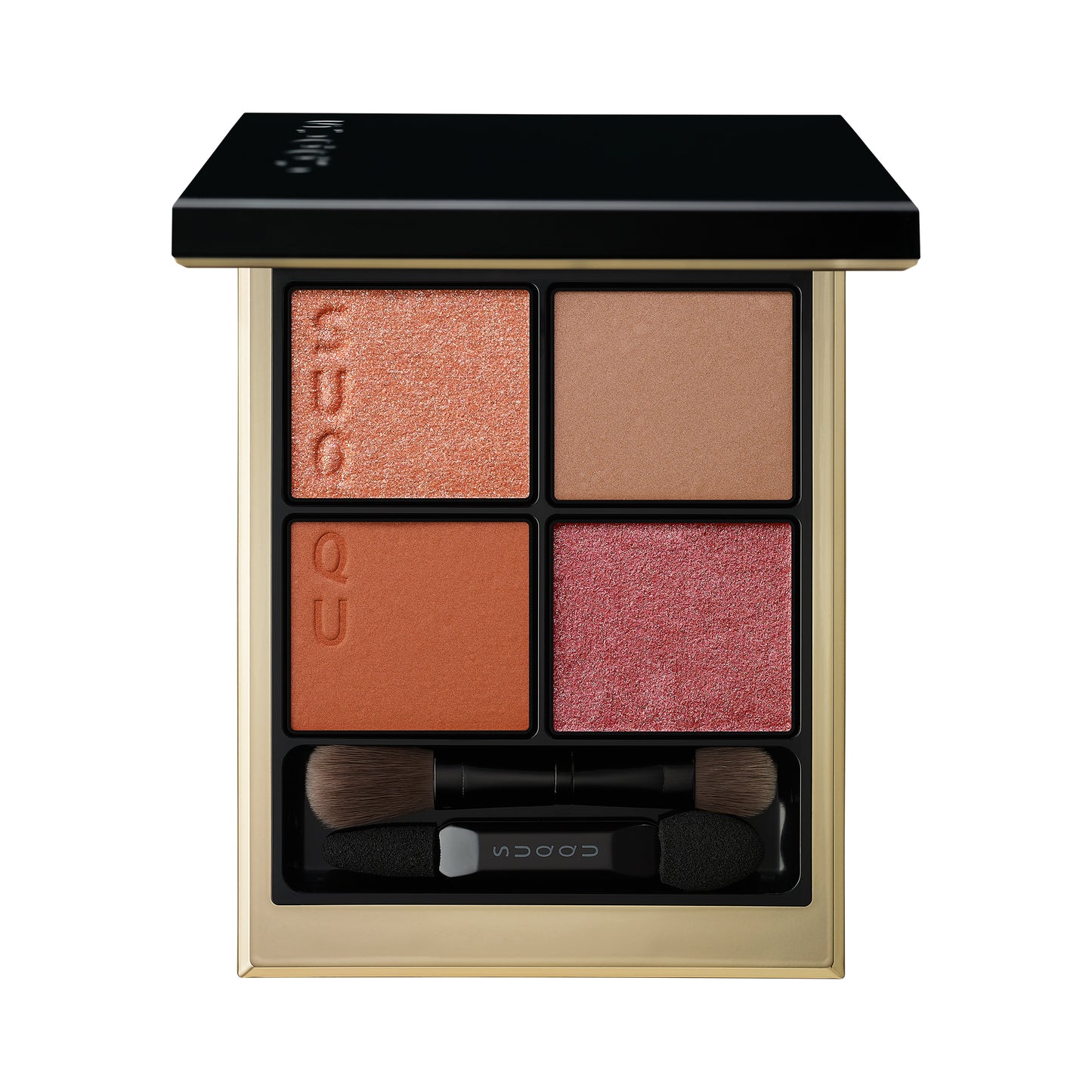 SUQQU Signature Color Eyes 13 finest quality bright sparkle orange and rose Japanese eyeshadow quad colour make up palette open on plain background.