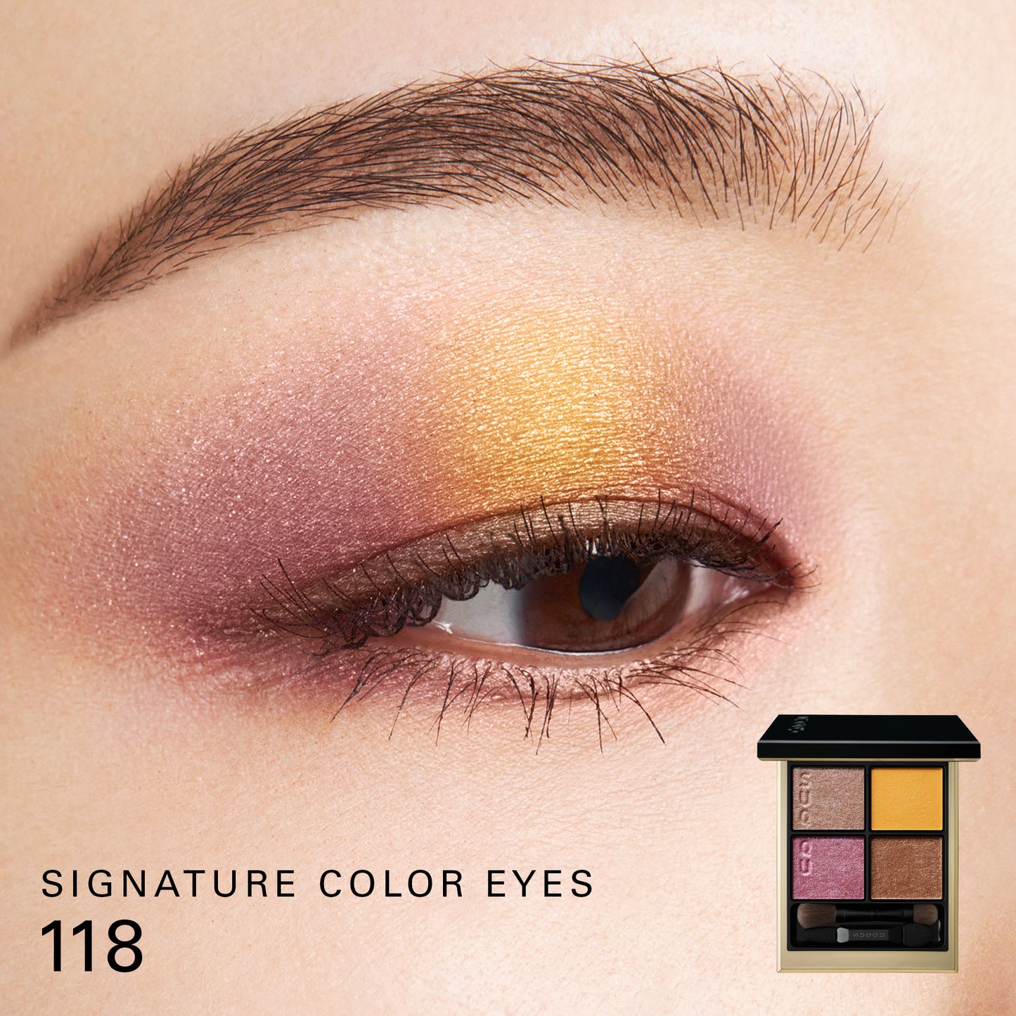 SUQQU Signature Color Eyes 118 with open eyeshadow palette and eye focus close up to show colour wear on model.