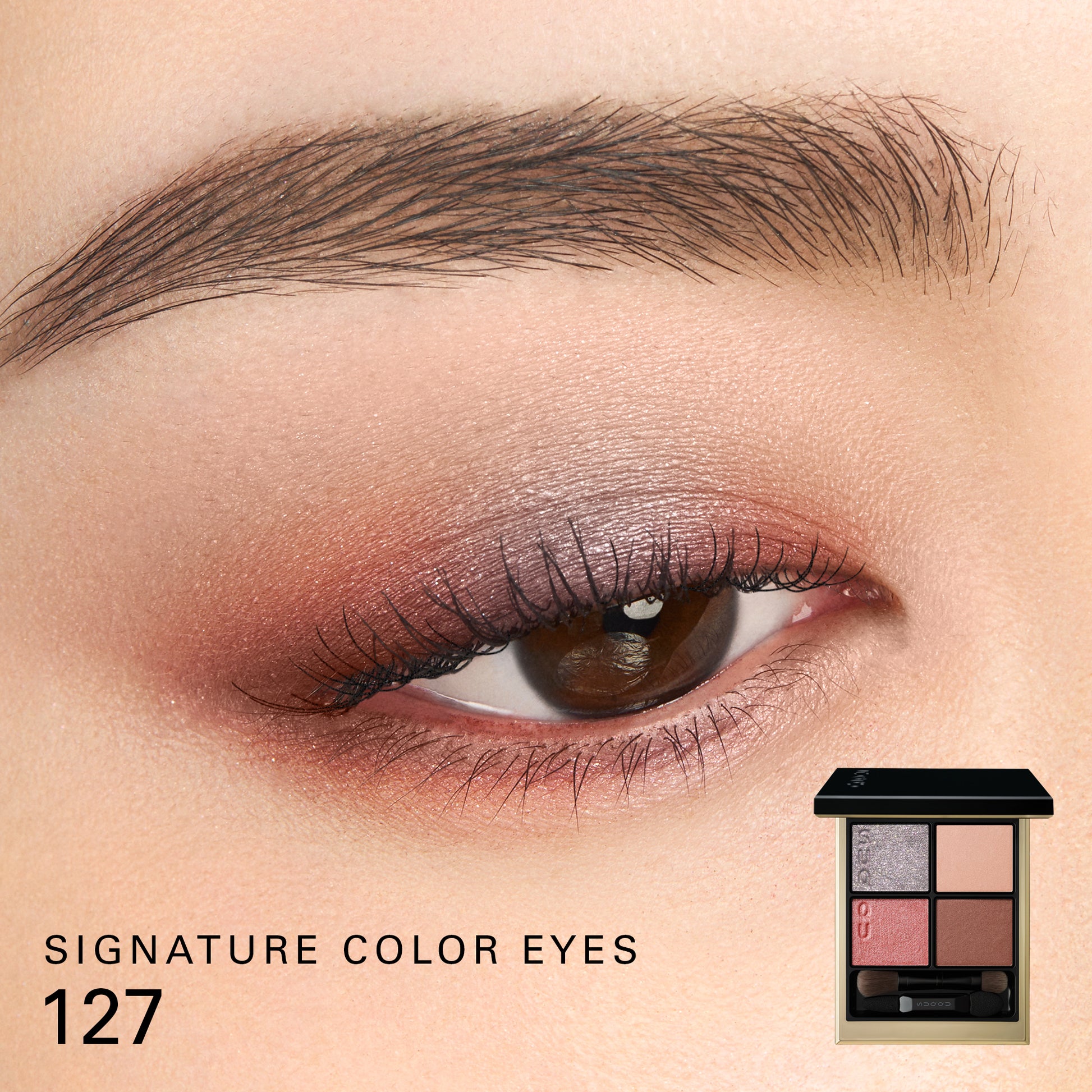 SUQQU Signature Color Eyes 127 with open eyeshadow palette and eye focus close up to show colour wear on model.