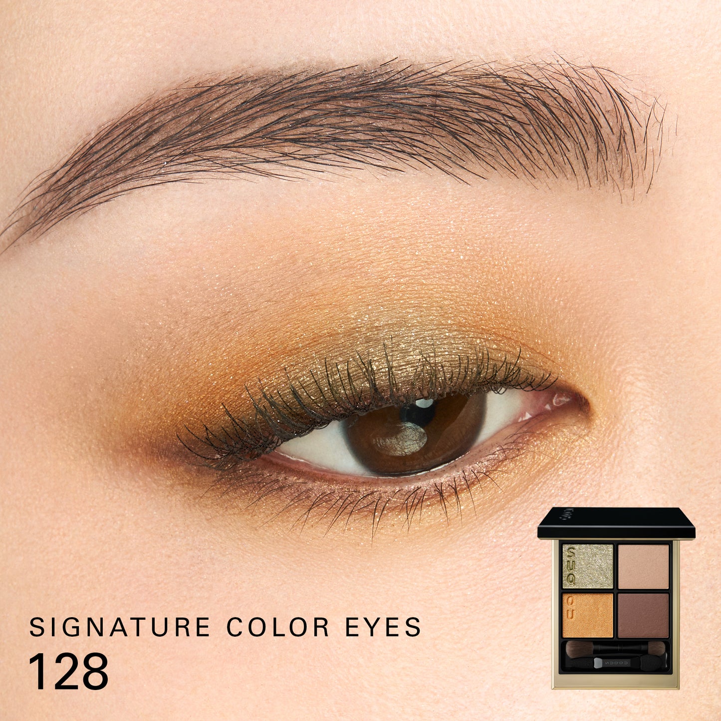 SUQQU Signature Color Eyes 128 with open eyeshadow palette and eye focus close up to show colour wear on model.
