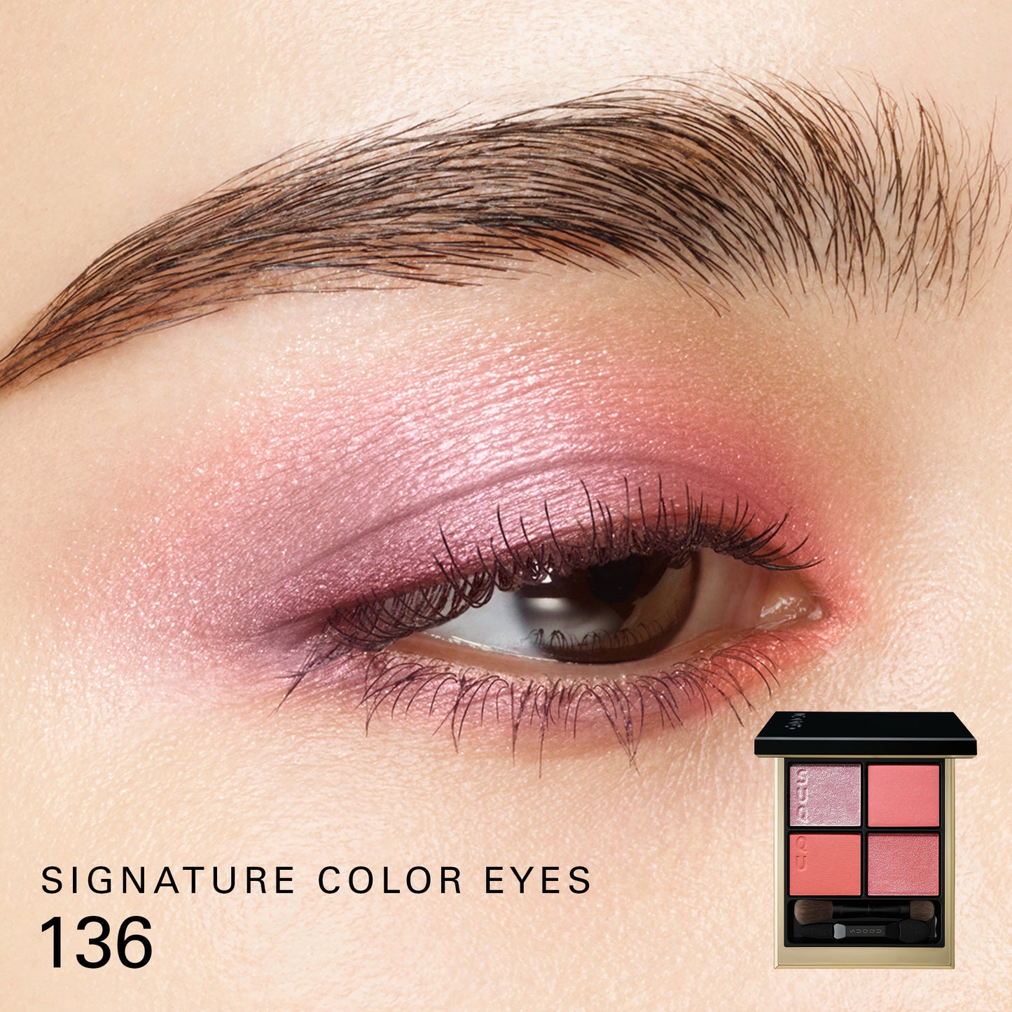 SUQQU Signature Color Eyes 136 with open eyeshadow palette and eye focus close up to show colour wear on model.