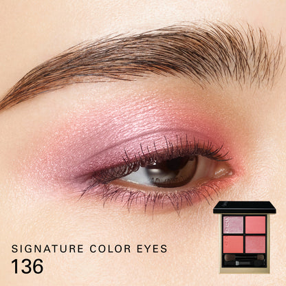 SUQQU Signature Color Eyes 136 with open eyeshadow palette and eye focus close up to show colour wear on model.