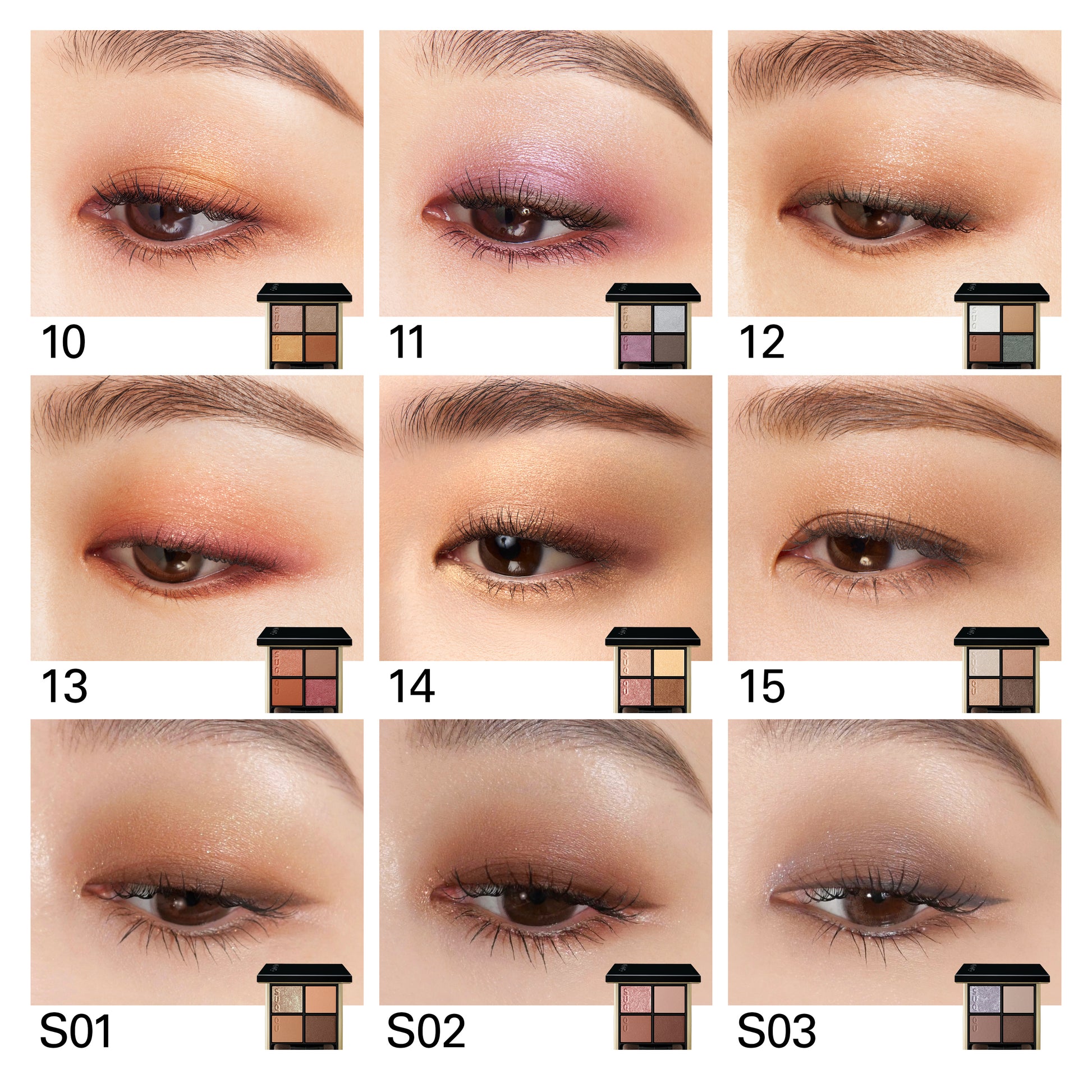 SUQQU Signature Color Eyes eye swatch and palette guide. Shades 10 to 15 plus S01, S02 and S03.