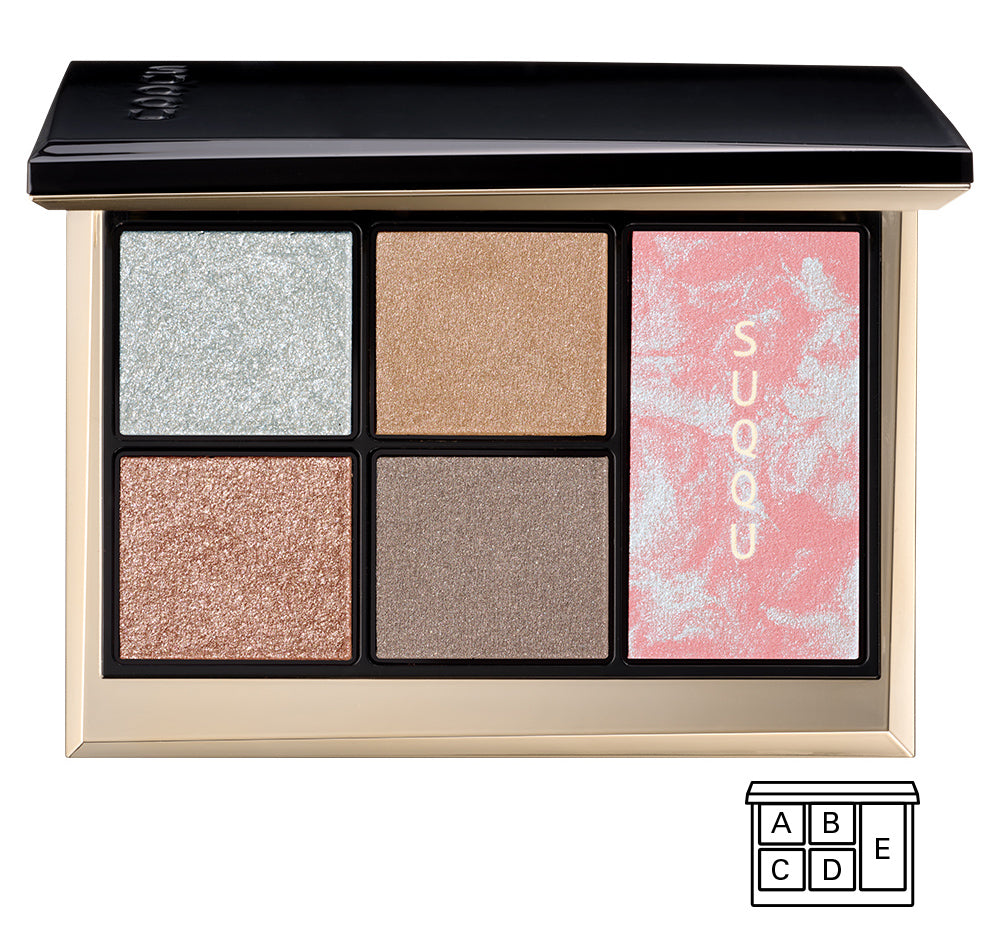 SUQQU Eye & Face Compact 103 four-pan eyeshadow and single pan blusher combination luxury Christmas gift palette with a black lid and gold-toned case, featuring a shimmery silver-gray, a shimmery champagne beige, a shimmery rose gold, a shimmery taupe-brown, and a pink marbled highlighter pan with SUQQU branding.