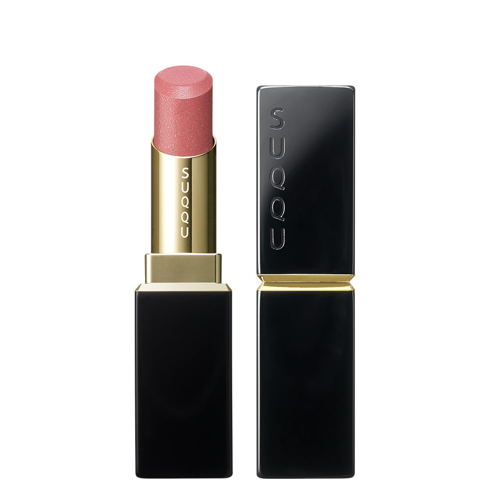 SUQQU Moisture Glaze Lipstick 114 pink shade with shimmering pearl glitter. Shown with case on white background.