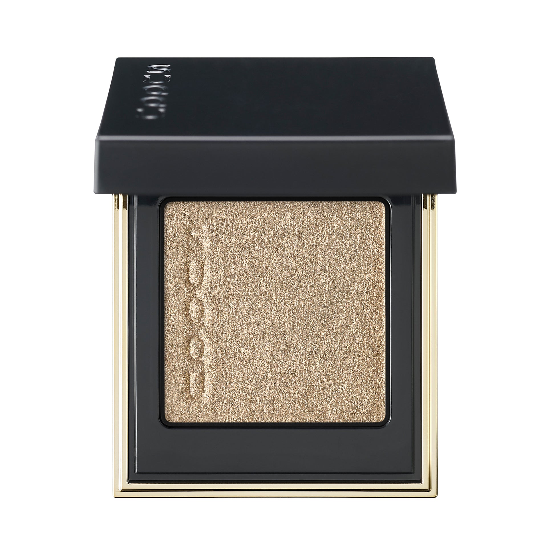 SUQQU Tone Touch Eyes 06 dusty gold single eyeshadow make up palette product with lid open on plain background.