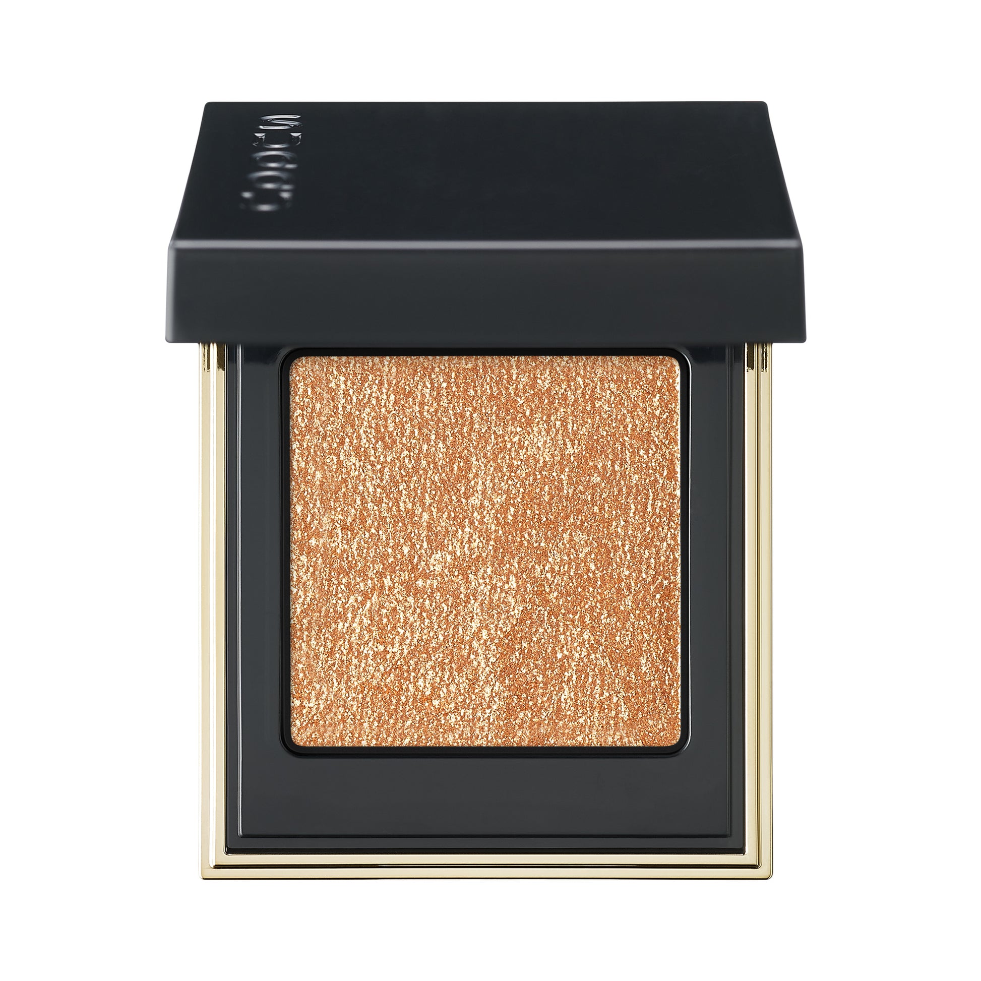 SUQQU Tone Touch Eyes 14 gold orange shimmer single eyeshadow make up palette product with lid open on plain background.