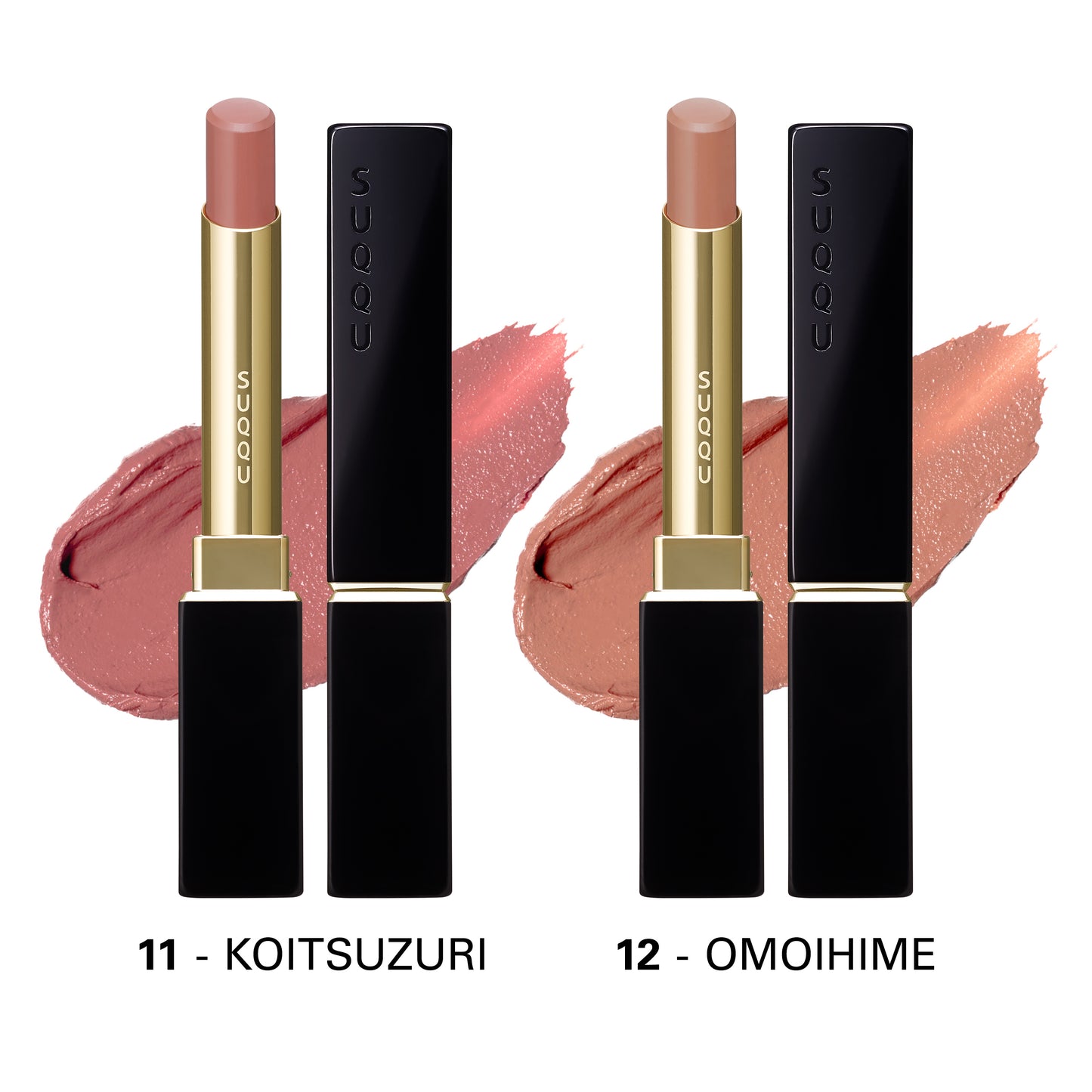 SUQQU Velvet Fit Lipstick refill 11 Koitsuzuri and 12 Omoihime in cases with lid off and colour swatch texture background. Shown with case complete with lid.